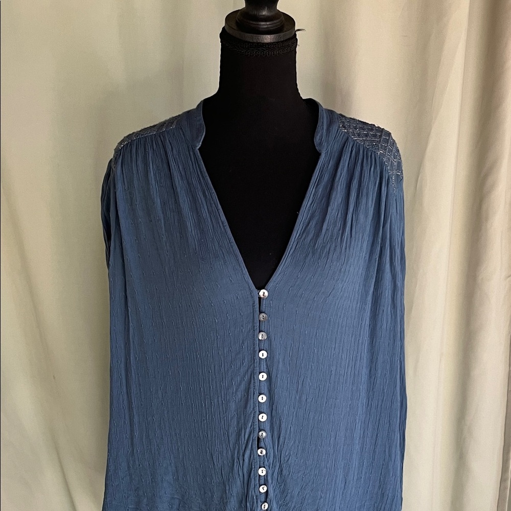 Free People Blue V-Neck Blouse with Button Detail